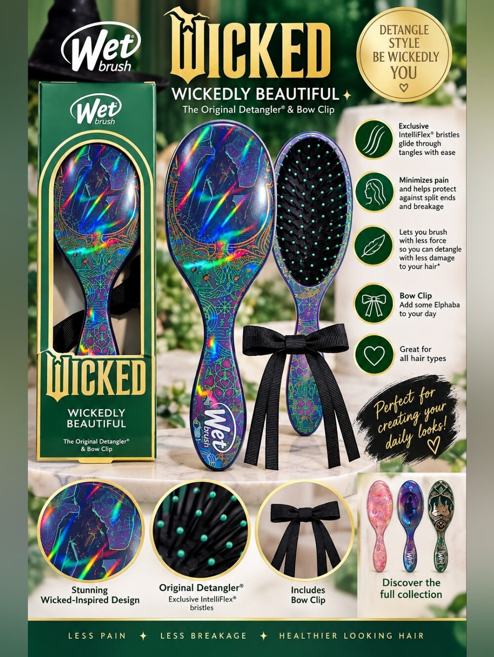 Wet Brush Wicked Holographic Detangler Brush in Multicolor with Black Bow Clip
